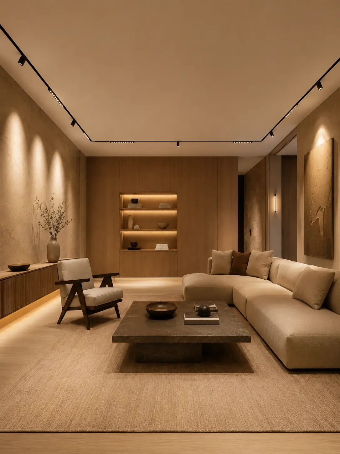 48V Magnetic Track Lighting System for Modern Living Room 48V magnetic track lighting system in modern living room with spotlights linear modules and wallwasher lighting