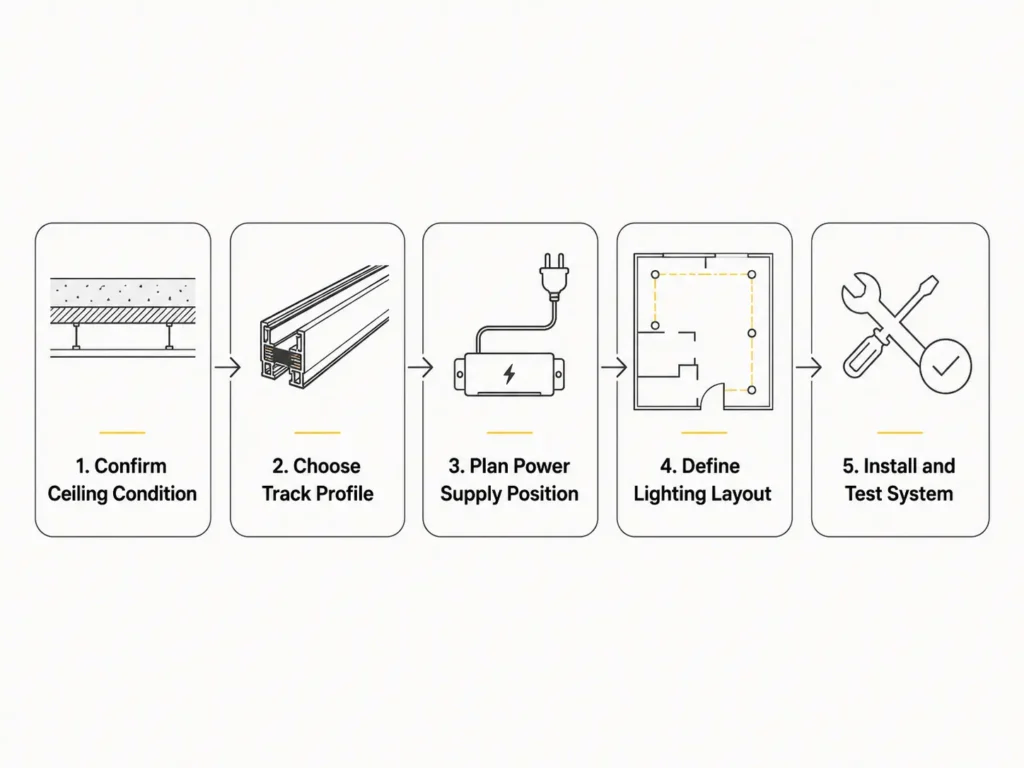magnetic track lighting installation guide with ceiling condition track profile power supply layout and testing