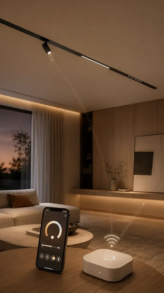 Zigbee Magnetic Track Lighting with Philips Hue Control Zigbee magnetic track lighting controlled by Philips Hue compatible smart hub and app