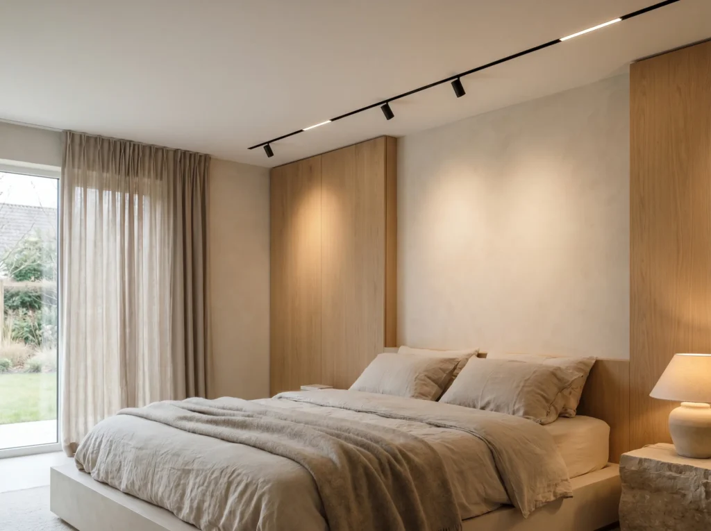 bedroom interior with magnetic track light magnetic track lighting for modern bedroom with soft low glare illumination