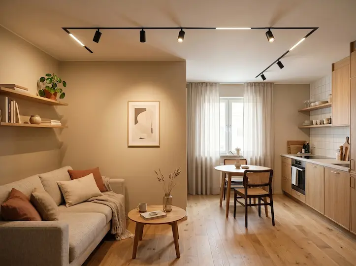 modern apartment interior with finished ceiling and 48V magnetic track lighting