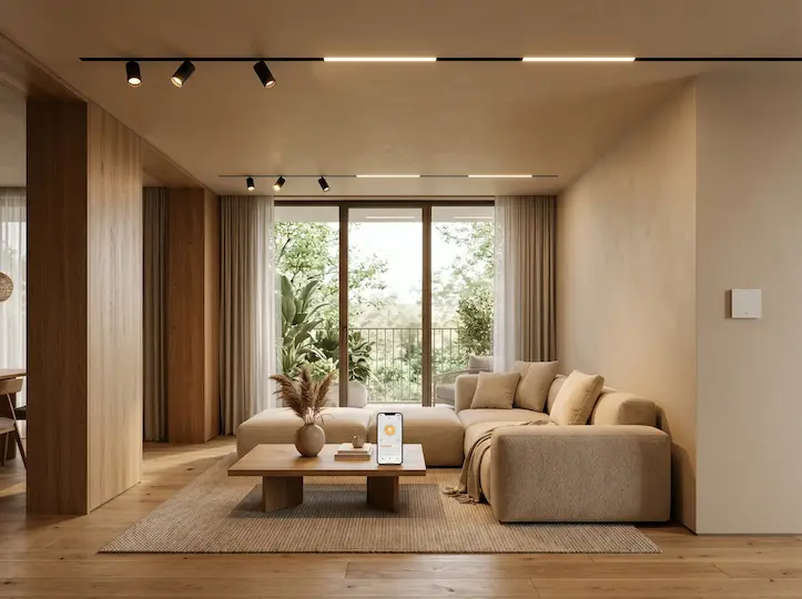 smart home interior with 48V magnetic track lighting wall control panel and app-based lighting control